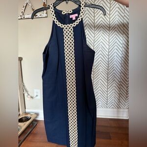 Lilly Pulitzer Blue Gold Mini Sheath Dress with Halter Neckline for Cocktail